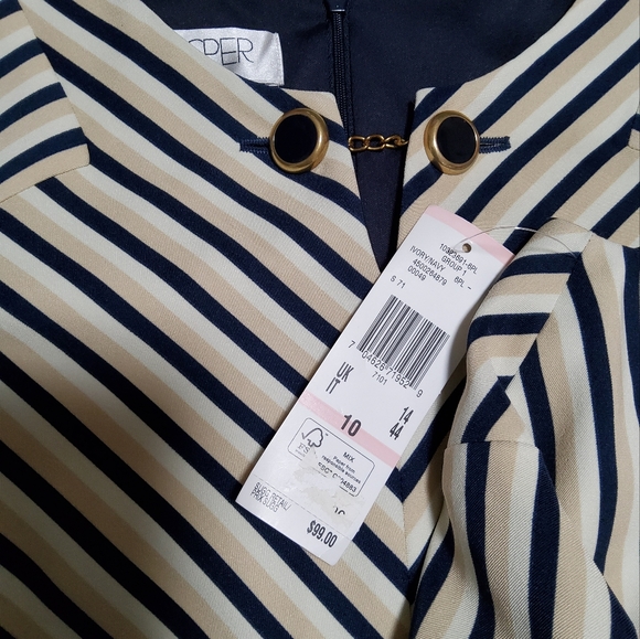 Kasper Dress Stretch Ivory/Navy Sleeveless Sheath Notched Neckline Size 10 - Picture 7 of 9